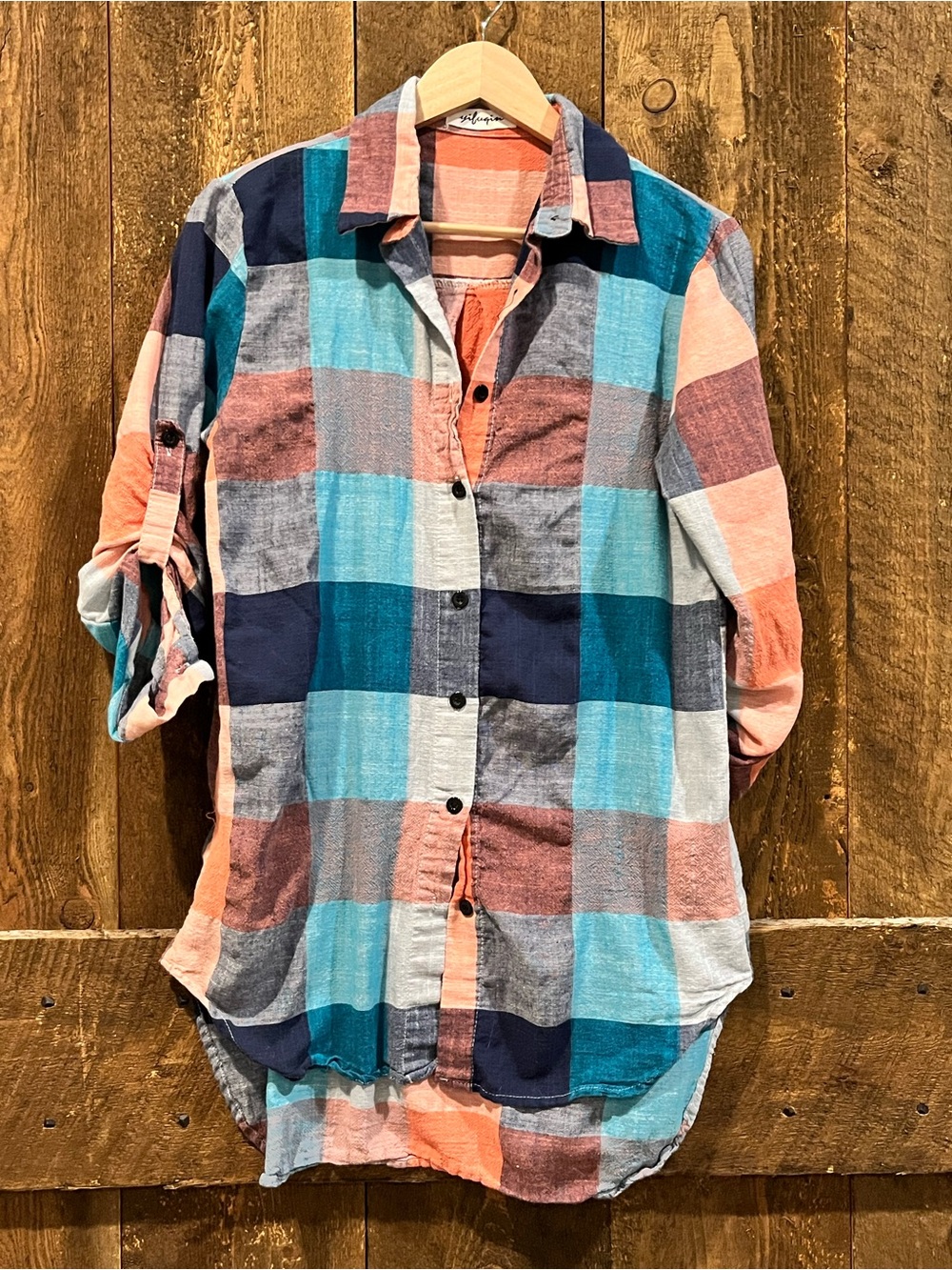 SHEIN Coral, Teal & Navy Plaid Button-Down Shirt